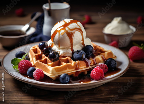 Waffles with ice cream caramel sauce and fresh berries on a wooden table