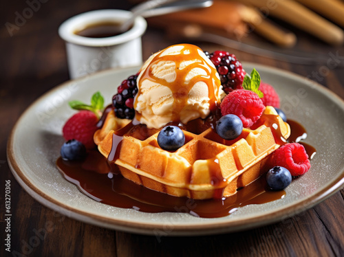 Waffles with ice cream caramel sauce and fresh berries on a wooden table