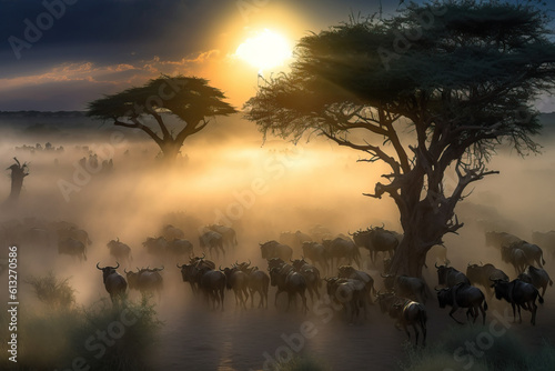 Herd of wildebeest in the masai mara national park at sunset. Amazing African Wildlife. Generative Ai