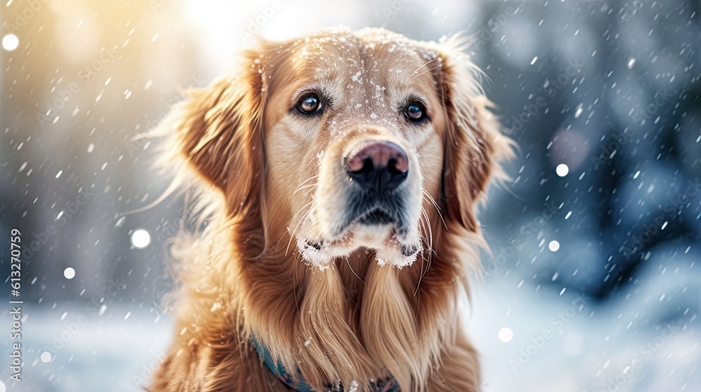 The Cold Winter Isn't a Match For the Gold Retriever's Cheerful Face - Snowflakes Sticking to His Fur: Generative AI