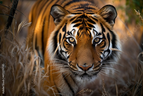 Stunning wild bengal tiger walking through the jungle at sunset. Amazing Wildlife. Generative Ai