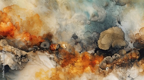 Natural Textures Collage: A Beautiful Abstract Wallpaper of Mixed Smoke, Dirtied Water, Marble, Mushroom, Algae, and Mineral. Generative AI © AIGen