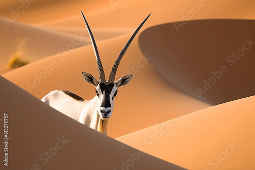 Oryx standing on a sand dune in desert. Amazing African Wildlife. Generative Ai photo