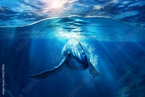 Humpback Whale Plays Near the Surface in Blue Water. AI Generative