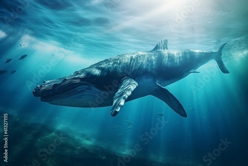 Humpback Whale Plays Near the Surface in Blue Water. AI Generative © Elena