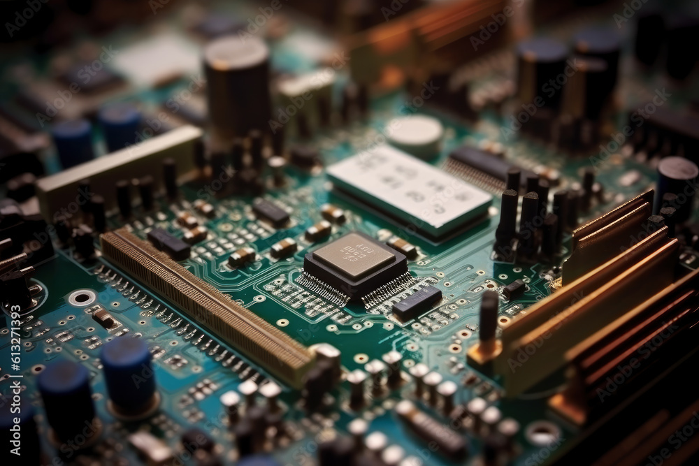 Electronic circuit board closeup, AI Generated