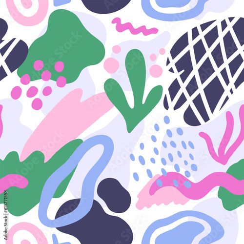 Seamless pattern abstract modern shapes marine blue green pink colors