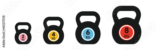 Kettlebell weights icons set, Fitness kettlebell weight  with different weight,Vector illustration