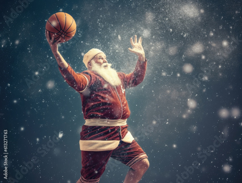 Creative Illustration of aged gentleman with a gray beard donning a Santa Claus suit, playing basketball against brightdark snowy background. Generative AI.
