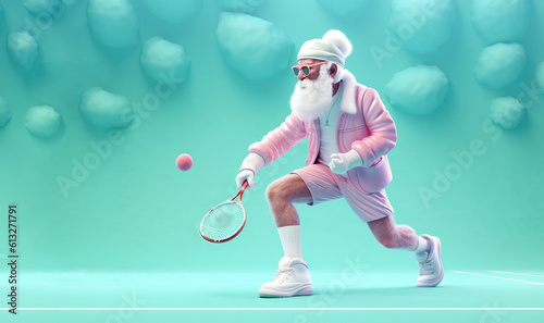 Aged gentleman with a gray beard donning a futuristic pink Santa Claus suit, gripping a tennis racket and playing tennis, against a pastel blue backdrop. Generative AI. photo