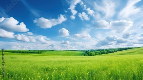 Beautiful panoramic natural landscape, Green field and blue sky with clouds Landscape, generative ai