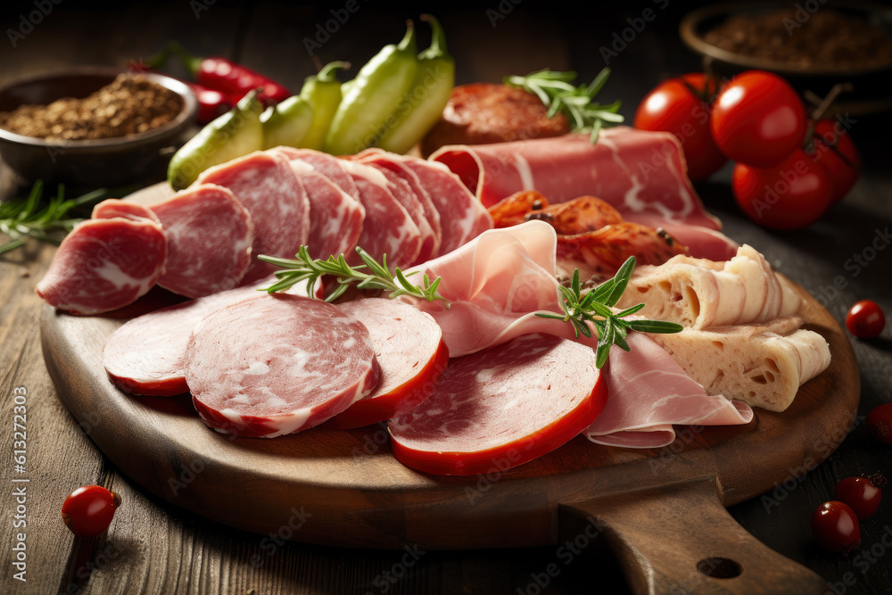 Meat cuts from different varieties of sausage and ham with vegetables and herbs, AI Generated Meat cuts from different varieties of sausage and ham with vegetables and herbs, AI Generated
