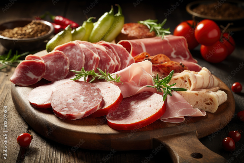 Meat cuts from different varieties of sausage and ham with vegetables and herbs, AI Generated