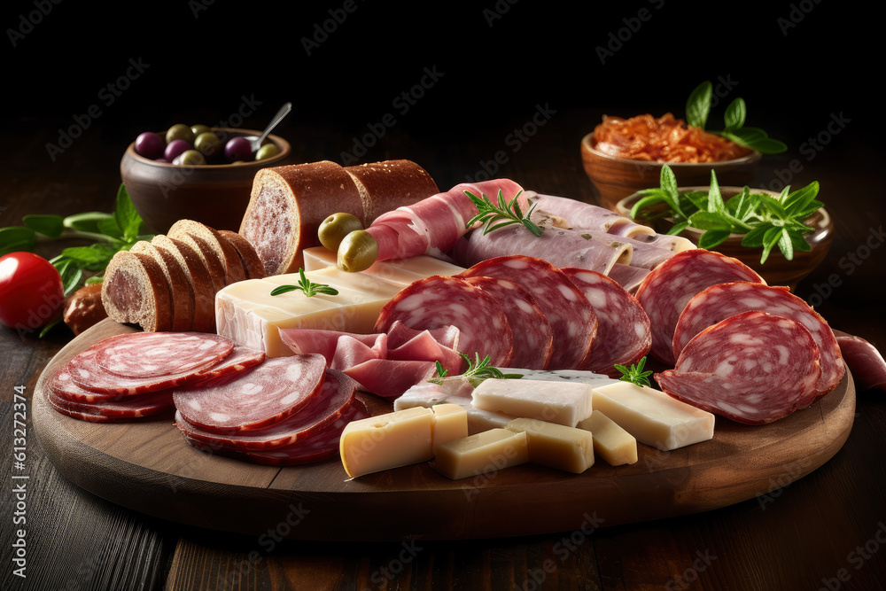 Meat cuts from different varieties of sausage and ham with vegetables and herbs, AI Generated Meat cuts from different varieties of sausage and ham with vegetables and herbs, AI Generated