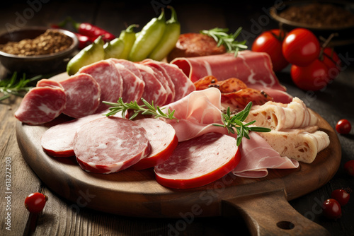 Meat cuts from different varieties of sausage and ham with vegetables and herbs, AI Generated