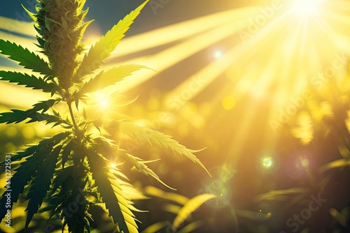 Marijuana Bud on Canopy Cannabis Plants with Flat Vintage Style sun set ai generative
