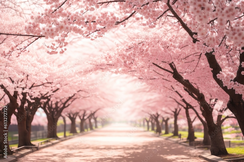 Rows of beautifully blossoming cherry trees on a green lawn ai generative