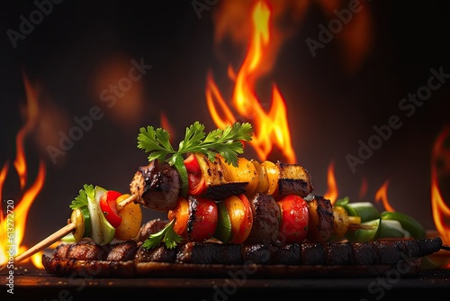 Shashlik or shish kebab prepared on barbecue grill over hot charcoal with grilled vegetables. ai generative