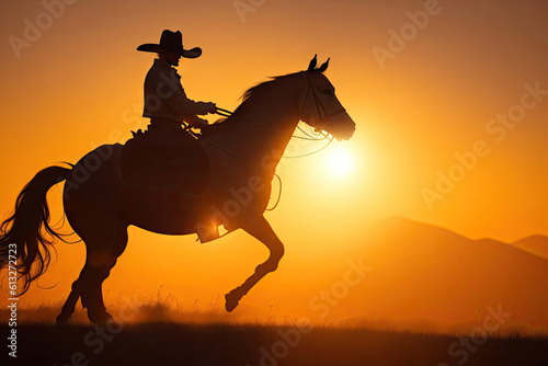 A cowboy silhouette riding on a mountain with an yellow sky ai generative © Igor