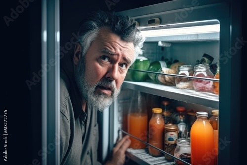 Middle aged man sitting near open refrigerator © dvoevnore