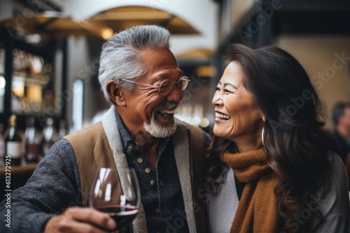 Middle age couple enjoying dating time in winery