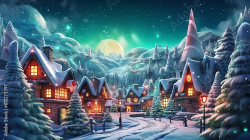 View of a christmas village in snow at night, AI Generated background, backdrop, postcard, cover