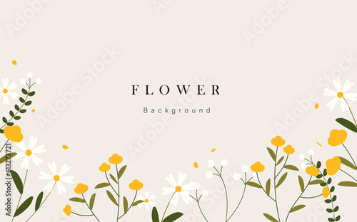 Spring floral art background vector. Botanical hand drawn flowers, leaves, petal plants. Blossom design illustration for wallpaper, banner, print, poster, cover, greeting and invitation