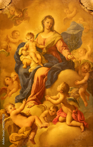 NAPLES, ITALY - APRIL 19, 2023: The painting of Madonna among the angels in the church Chiesa di San Giuseppe dei Ruffi by Antonio Sarnelli (1759).