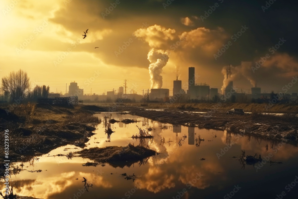 The problem of ecology and environmental pollution. The smoke of the power plant rising from the chimney into the sky causes the destruction of the earth's atmosphere. .Generative AI