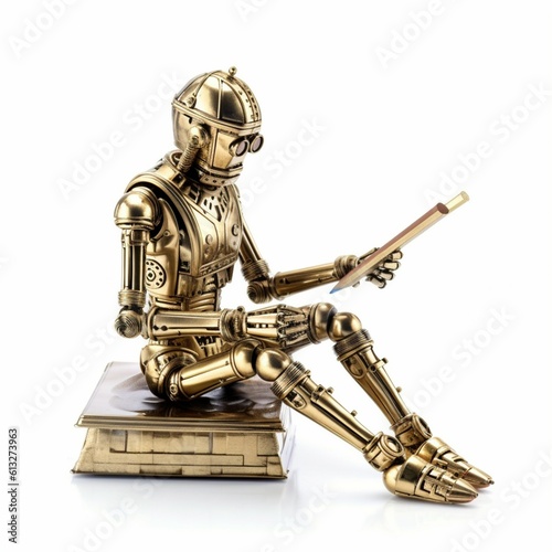 a detailed brass robot sitting behind a desk writing with a pencil white background 