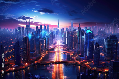 Night scene of smart modern city and skyscrapers town with neon futuristic technology background, future virtual reality, night life concept, building with spotlight, with Generative Ai. © TANATPON