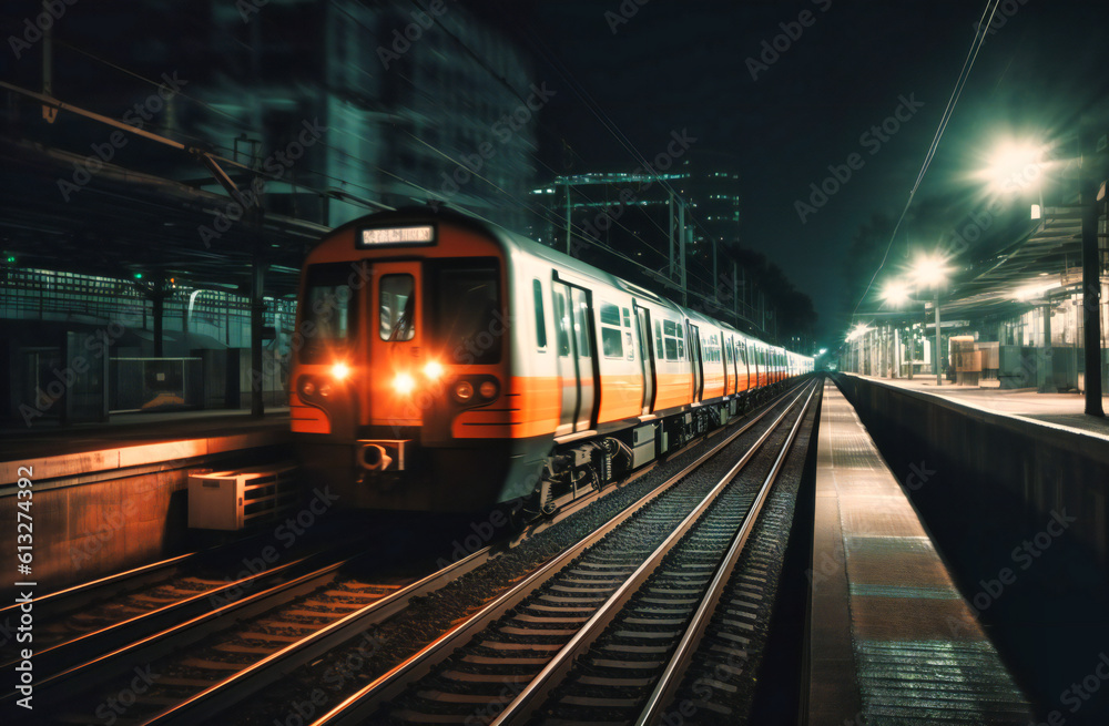 motion blurred train at night with train tracks