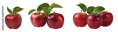 Red delicious apples with leaves isolated on transparent background. Generative AI