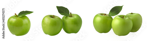 Granny Smith apples with leaves isolated on transparent background. Generative AI