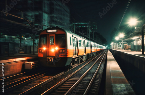 motion blurred train at night with train tracks
