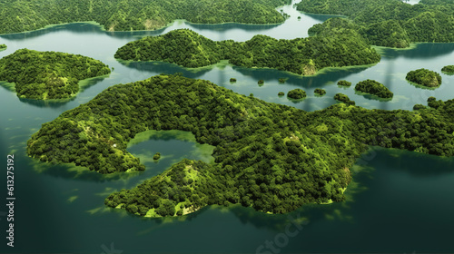 a peaceful aerial view of a realistic forest place, ai generated image
