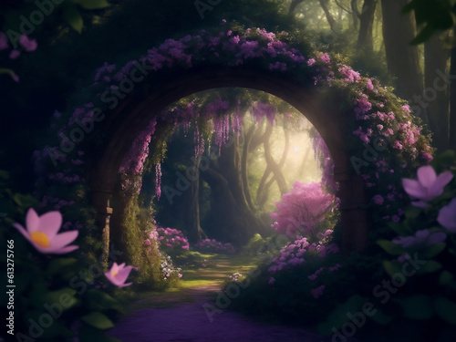 Magical portal with flowers in forest  Generative AI Illustration.