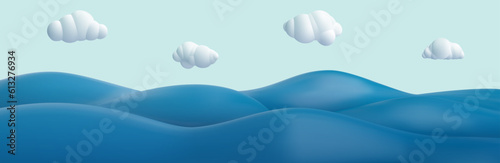 3d realistic cartoon blue water waves with white clouds on day background. Sea, ocean or river surface. Minimal nature cute composition. Vector art illustration.