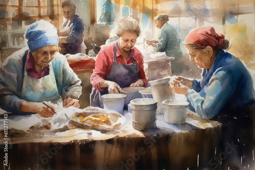 Group of senior women preparing together food, cooking a meal in the kitchen, charity work, team of grandmothers, generative AI