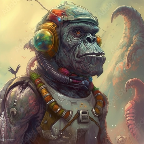 Science fiction space traveling ape wearing rainbow colored space gear. Created using ai generative.  photo