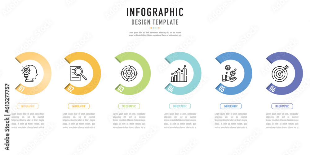 Semicircular infographic template or element with 6 step, process, option, colorful sequence circle, label, icons, paper origami, ring, minimal, modern style for sale slide, web, schedule, planner Semicircular infographic template or element with 6 step, process, option, colorful sequence circle, label, icons, paper origami, ring, minimal, modern style for sale slide, web, schedule, planner