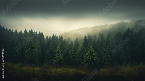 Green mountain forest landscape. Misty Fantastic forest landscape. Foggy mountain forest landscape. Dark forest in haze landscape. generative ai © Mrt