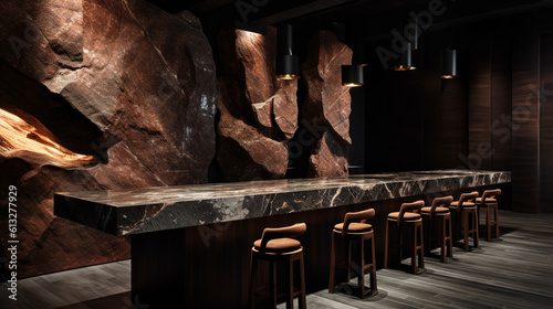 Interior Design of a Modern Restaurant with Beautiful Rock Stone Wall Features and Rich Woods - Minimalist Moody Dining Design - Generative AI