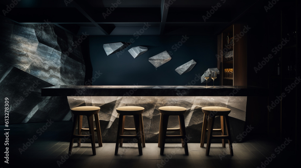 Interior Design of a Modern Restaurant with Beautiful Rock/Stone Wall Features and Rich Woods - Minimalist Moody Dining Design - Generative AI