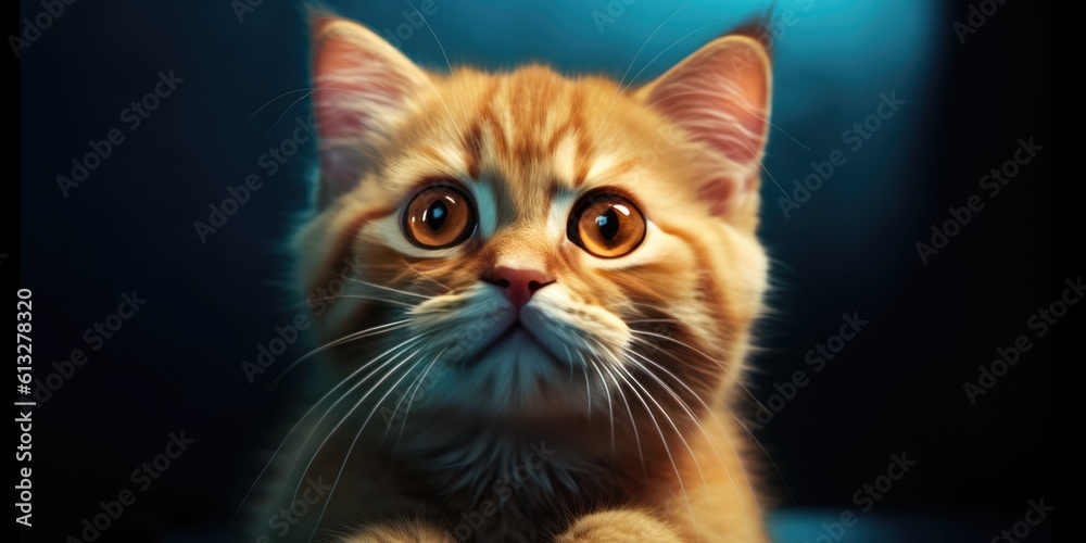 Portrait of a surprised ginger cat, closeup, isolated on black background, generative ai