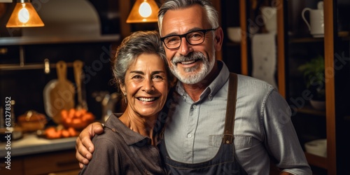 retired couple in the kitchen portrait looking at camera, smiling senior couple at home, generative ai