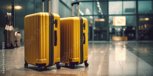 Suitcases in airport departure lounge, summer vacation concept, traveler suitcases in airport terminal waiting area, empty hall interior with large windows, focus on suitcases, generative ai