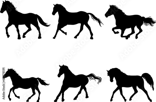 Gallop and pony running horses. Black silhouette of running horses. Mustang herd on white background. Side view to reuse in advertisement banner and poster of horse race.