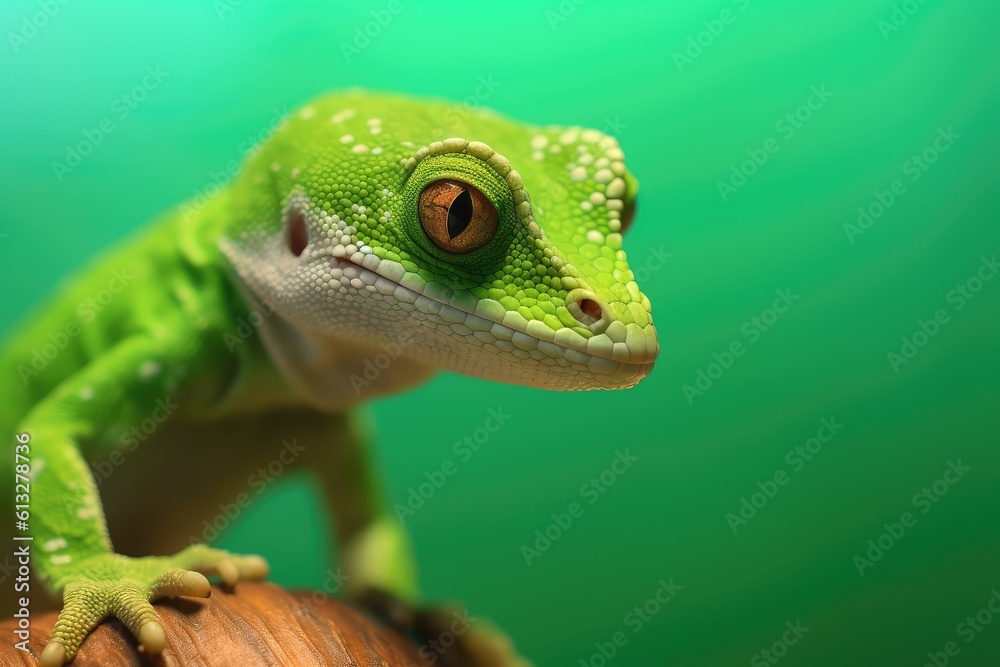 gecko portrait close up with green background, gecko in wild