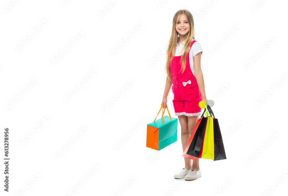 teen girl with shopping bag isolated on white with copy space. teen girl with shopping bag